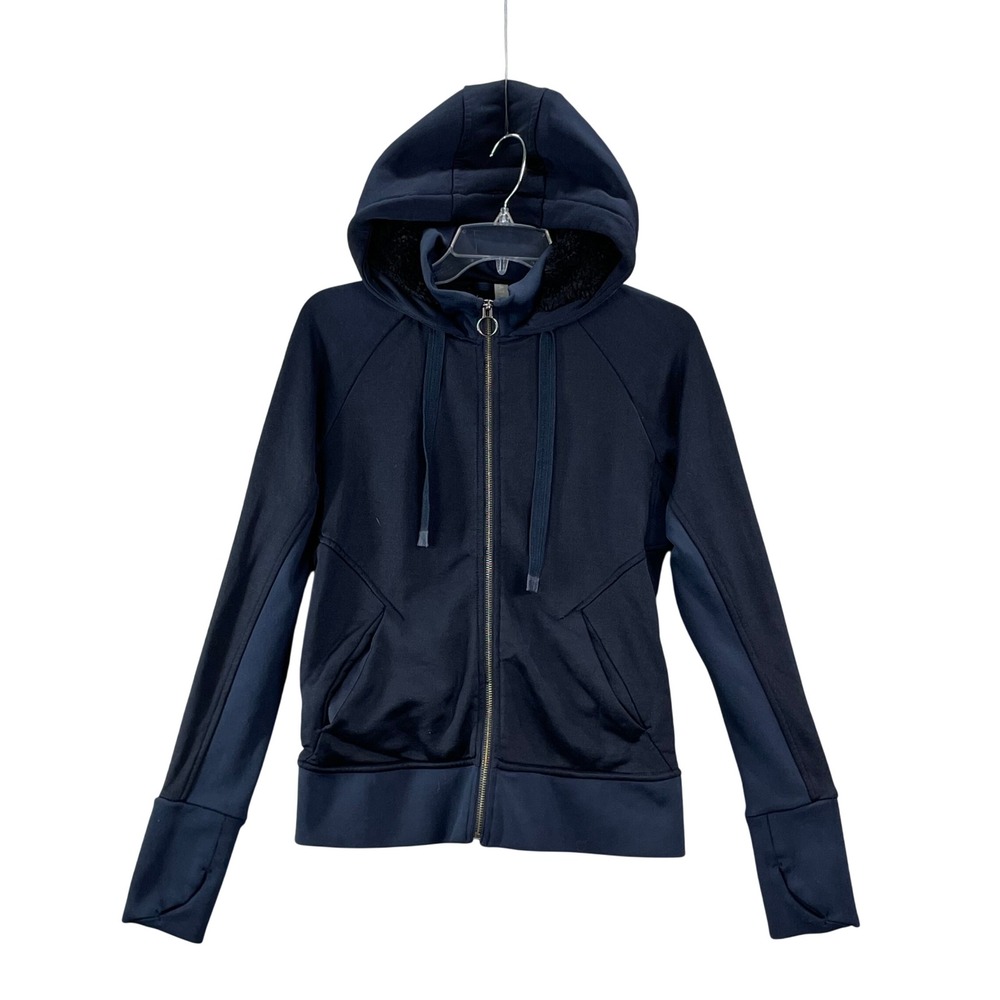 Athleta Sherpa Lined Full Zip Hoodie Womens XS Navy Blue Thumbhole Jacket Active